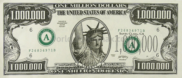 A photo of a gag one million dollar bill